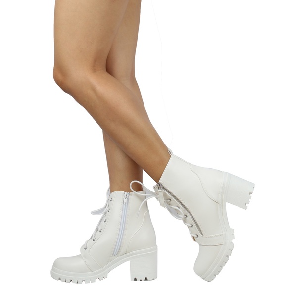 White Lace Up Combat Block Heel Ankle Bootie - Picture 5 of 5
